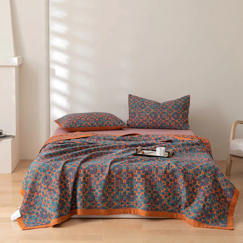 Six Layer Cotton Quilt in a Blue Print | Breathable Warm Blanket for Bed or Sofa | Four Sizes Up to 250 x 240 cm