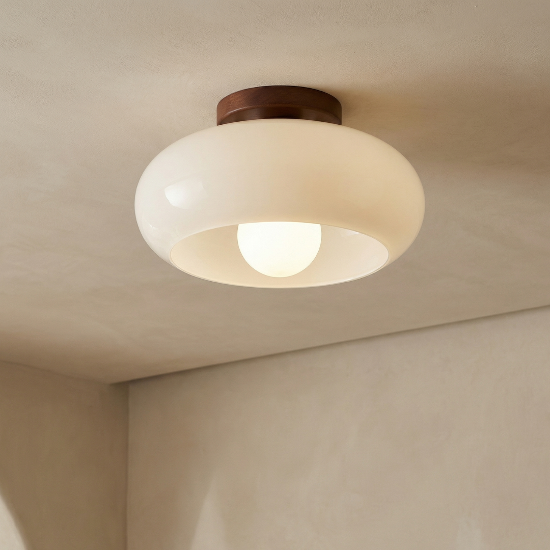 Bauhaus Glass Ceiling Light with Wood-Toned Base | Cream Glass Shade | Soft Diffused Glow for Bedrooms and Hallways