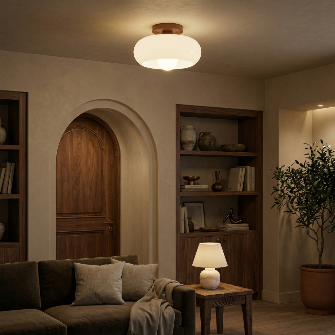 Bauhaus Glass Ceiling Light with Wood-Toned Base | Cream Glass Shade | Soft Diffused Glow for Bedrooms and Hallways