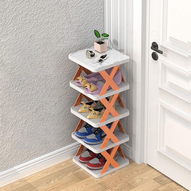 Shoe Rack with Three to Eight Vertical Tiers for Narrow Halls | Side Guards and a Top Shelf | Waterproof PP in Orange, Blue or Green