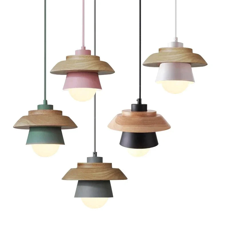 Nordic Wood Pendant Light with Aluminum Shade | Adjustable Hanging Length Up to 35.4 Inches | Available in 5 Colors