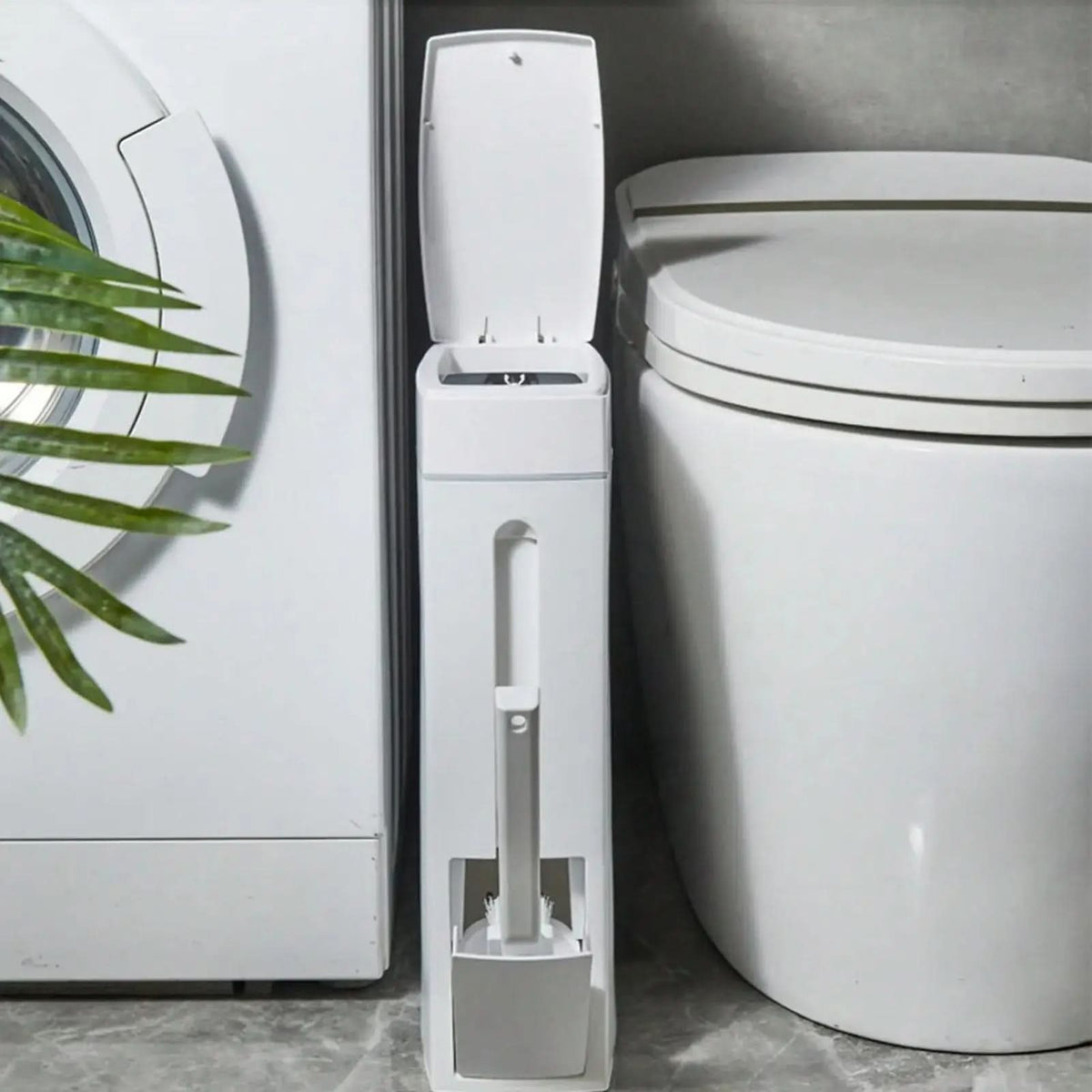 2-in-1 Slim Trash Can with Hidden Toilet Brush Holder | 1.2-Gallon Capacity | Space-Saving Bathroom Cleaning Set