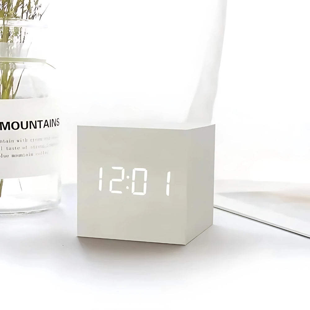 Wood Grain Digital Clock Cube for a Bedside Table | Snooze Button and Temperature Readout in Four Finishes