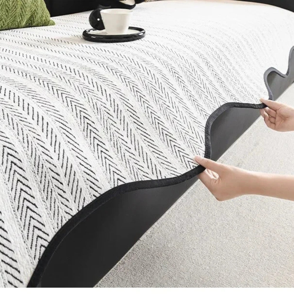Herringbone Sofa Cover with Scalloped Edge | Woven Pattern Design | Protects and Refreshes Your Living Room Seating