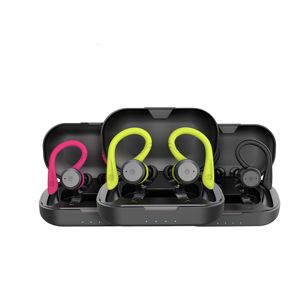 Wireless Earbuds with Ear Hooks and 20 Hours of Playtime | IPX7 Waterproof for Swimming, Running or Rain | Three Colors