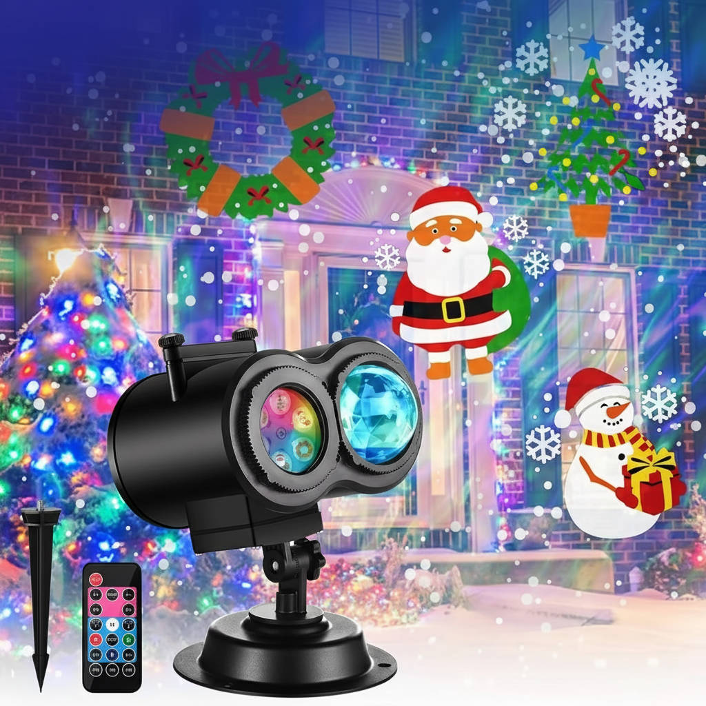 Holiday light projector casting colored patterns on a house exterior