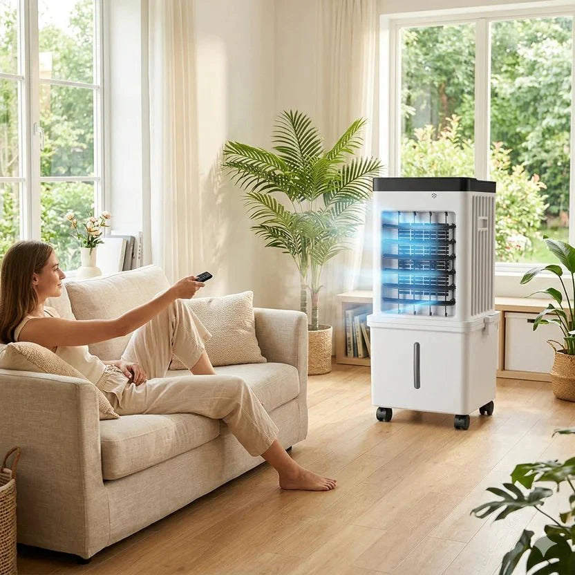 3-in-1 Mobile Air Cooler with Fan & Humidifier | No Exhaust Hose, Rolling Wheels | Ice-Compatible Water Tank