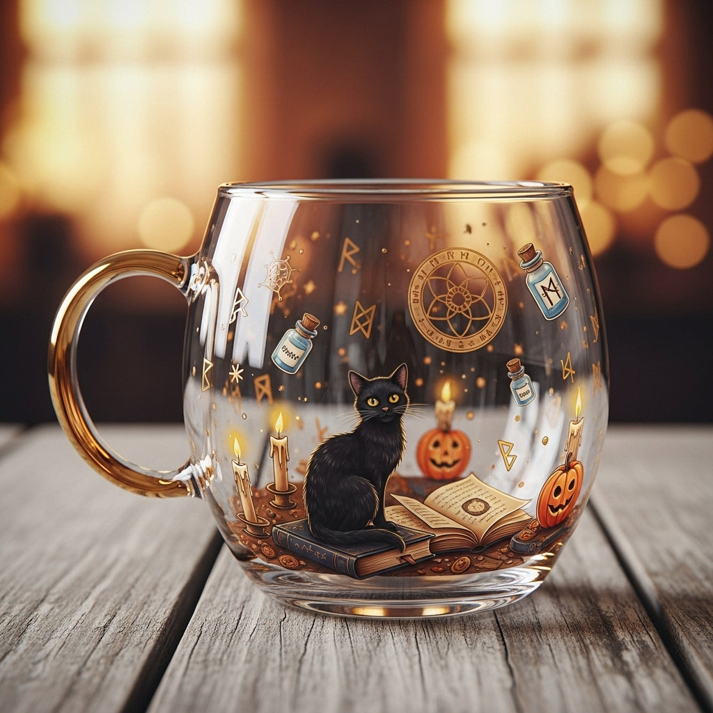 Glass mug with Halloween black cat design