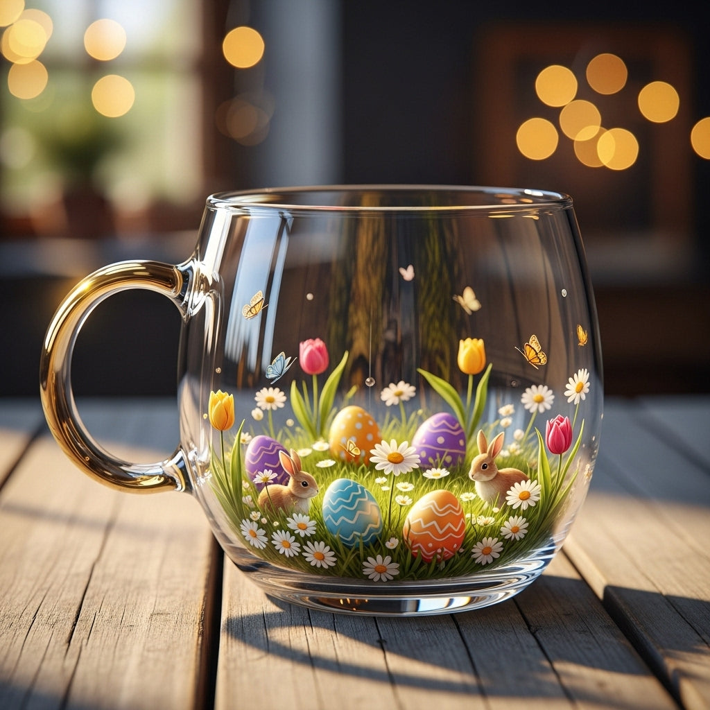 Glass mug with Easter egg design