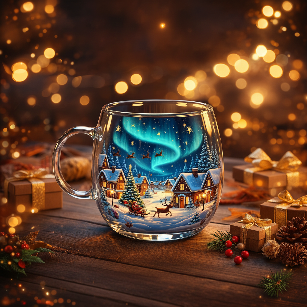 Seasonal glass mugs shown together with holiday motifs