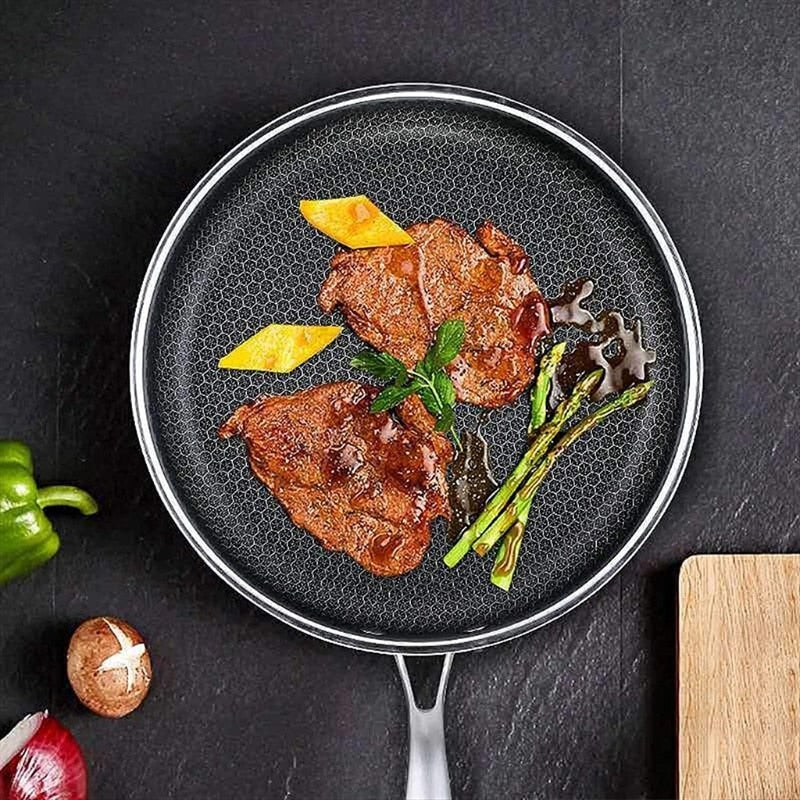 Stainless Steel Frying Pan with a Honeycomb Non Stick Surface | Even Heat on Gas, Induction or Ceramic | Kitchen Cooking Tools