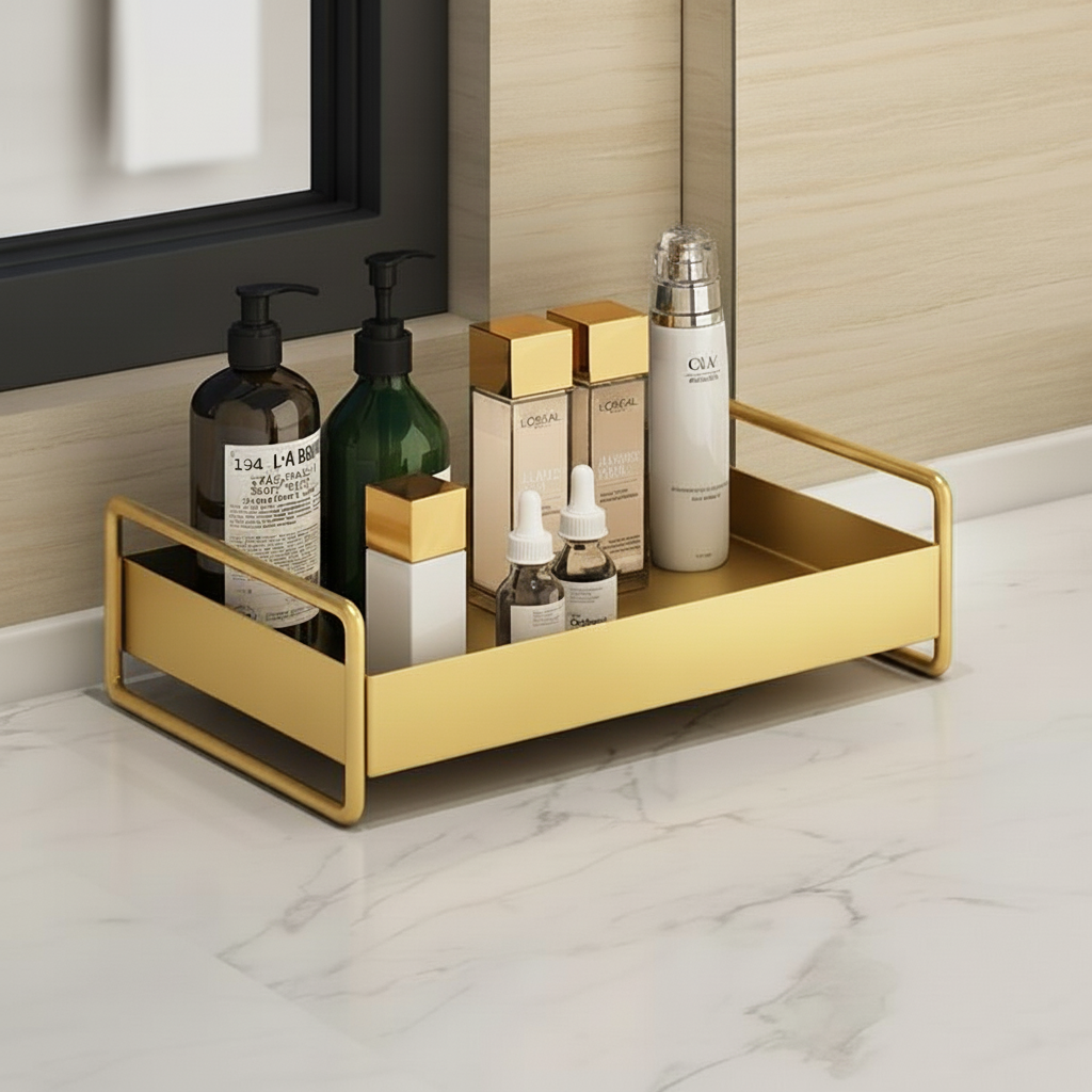 Gold Metal Bathroom Organizer Tray with Raised Handles | Non-Slip Counter Caddy for Bottles and Jars | Compact Format