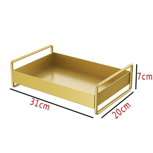 Gold Metal Bathroom Organizer Tray with Raised Handles | Non-Slip Counter Caddy for Bottles and Jars | Compact Format