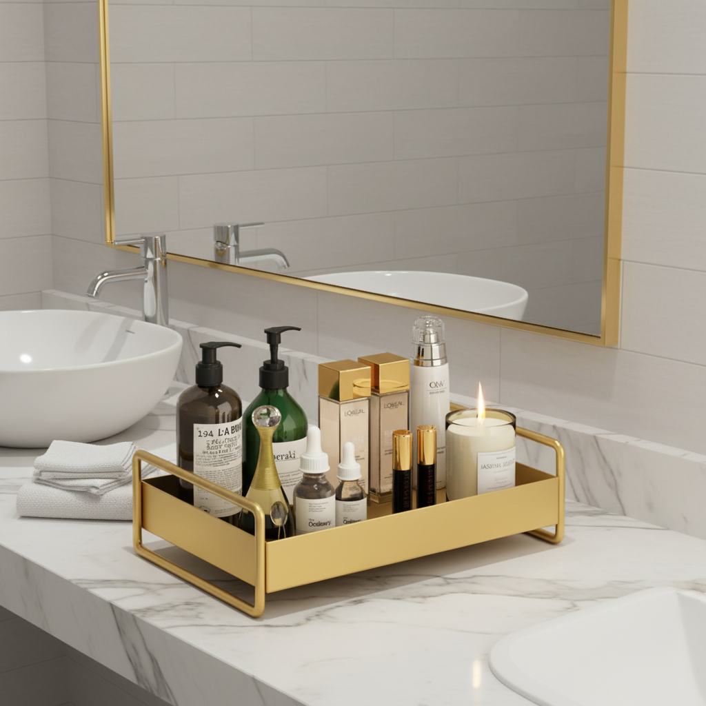 Gold Metal Bathroom Organizer Tray with Raised Handles | Non-Slip Counter Caddy for Bottles and Jars | Compact Format