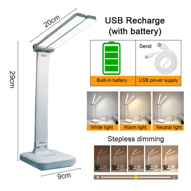 Folding LED Desk Lamp with a Double Sided Panel | Dimmable Light for Study or Bedside | USB Powered or 2000 mAh Battery