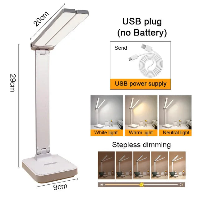 Folding LED Desk Lamp with a Double Sided Panel | Dimmable Light for Study or Bedside | USB Powered or 2000 mAh Battery