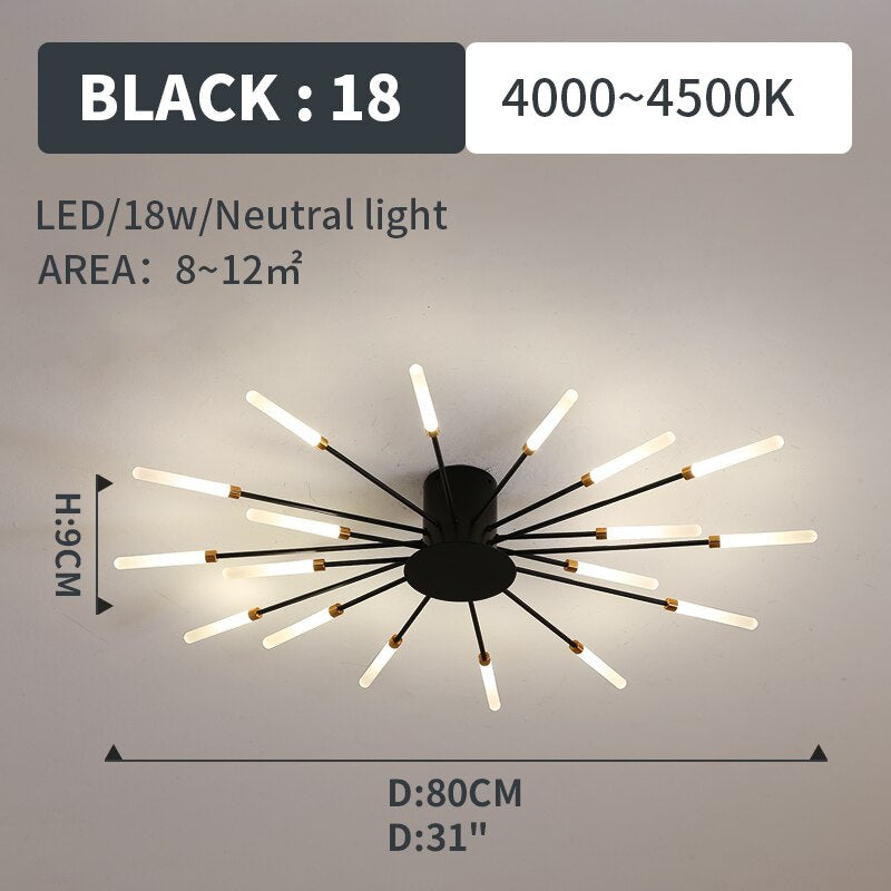 Fireworks-Style LED Ceiling Light | Multi-Arm Radiating Design | Available in Black or Gold Finishes