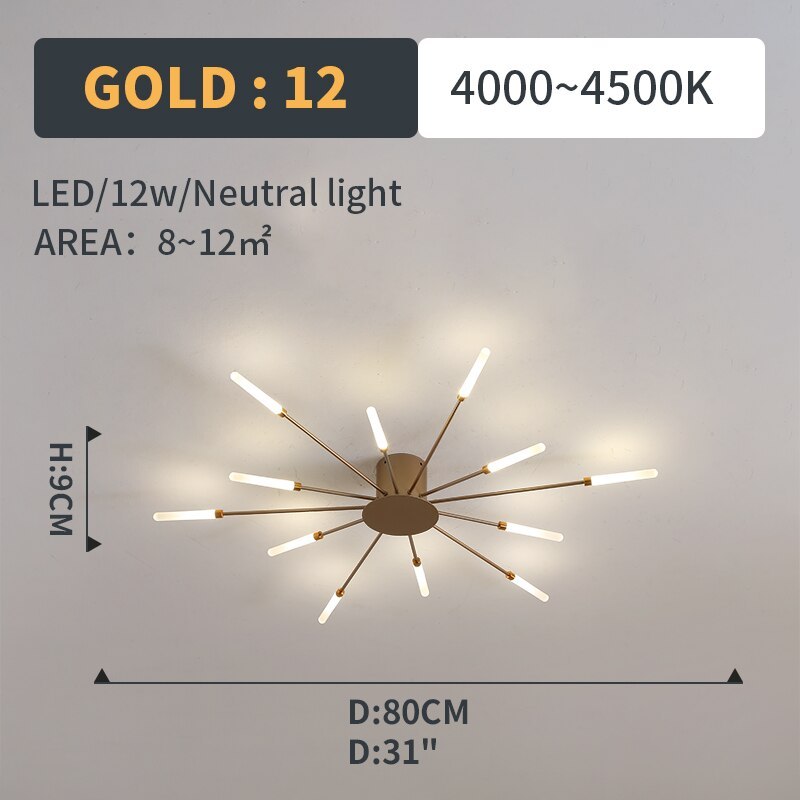 Fireworks-Style LED Ceiling Light | Multi-Arm Radiating Design | Available in Black or Gold Finishes
