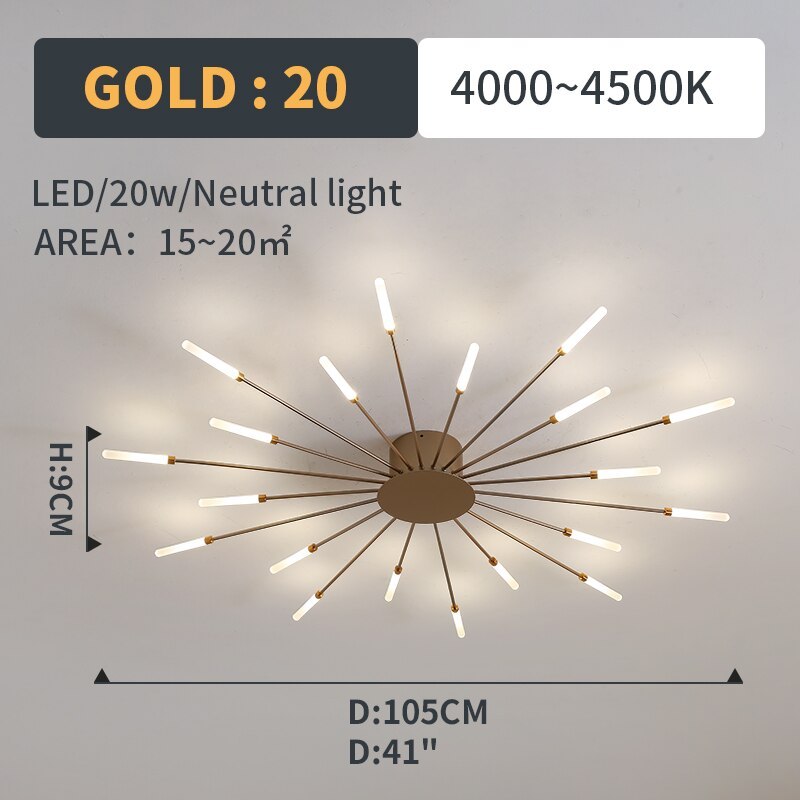 Fireworks-Style LED Ceiling Light | Multi-Arm Radiating Design | Available in Black or Gold Finishes