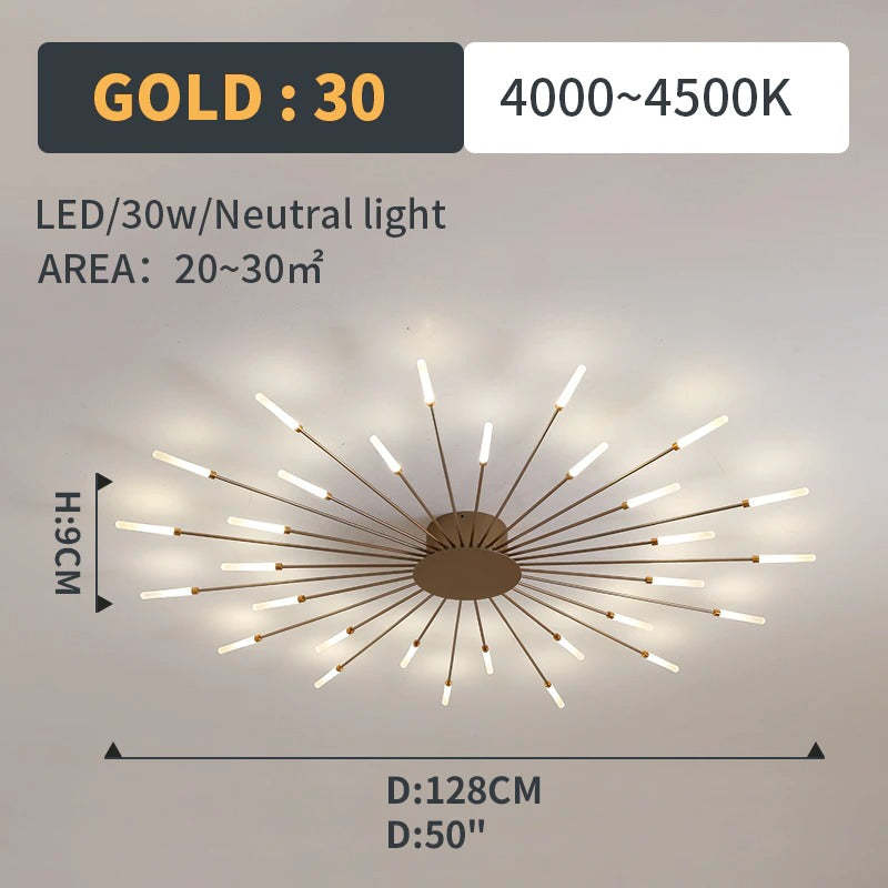 Fireworks-Style LED Ceiling Light | Multi-Arm Radiating Design | Available in Black or Gold Finishes