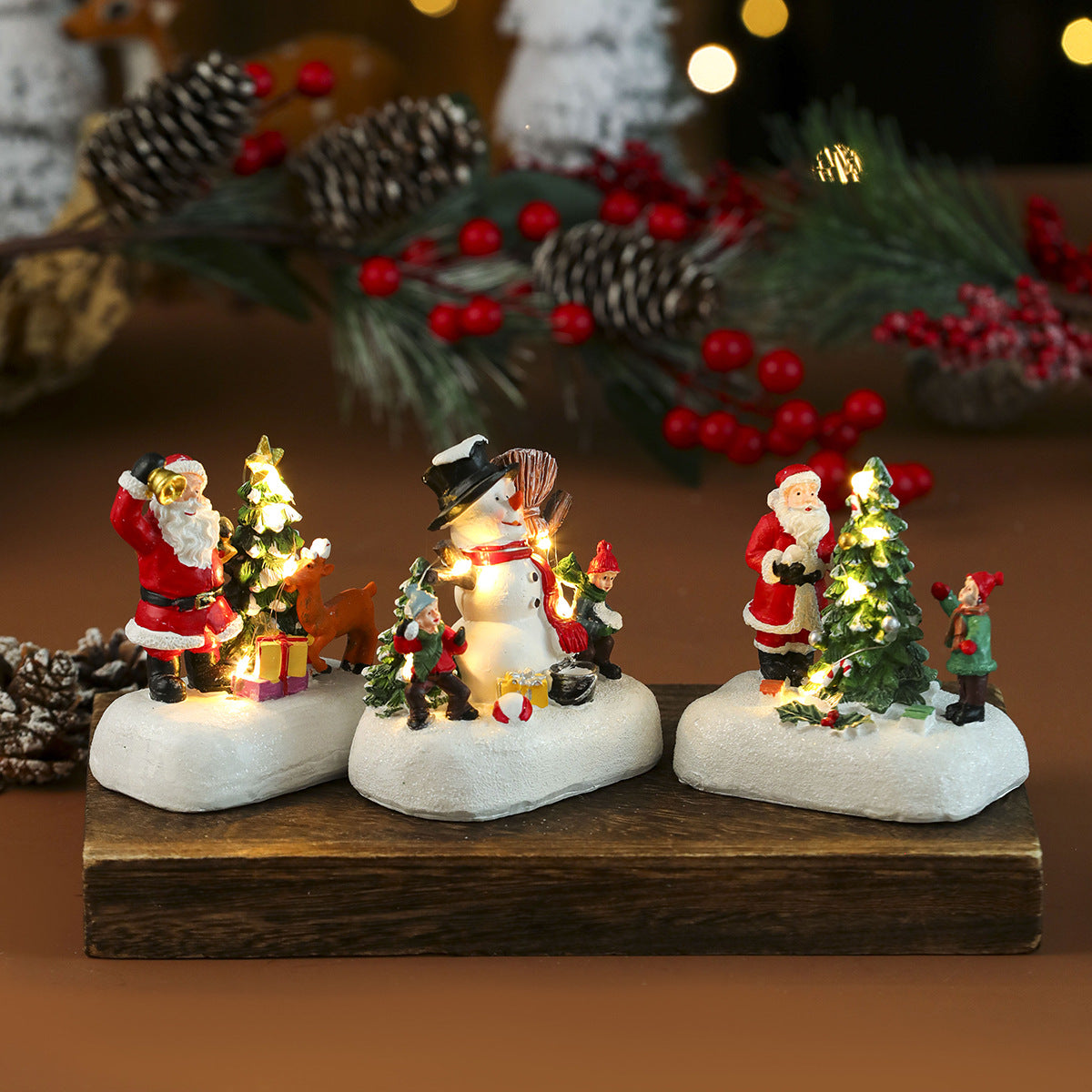 Light Up Christmas Village Figurines with Santa and Snowman