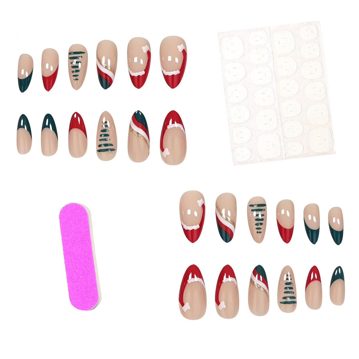 Christmas Press On Nails Set with Holiday Tree and Santa Hat Art