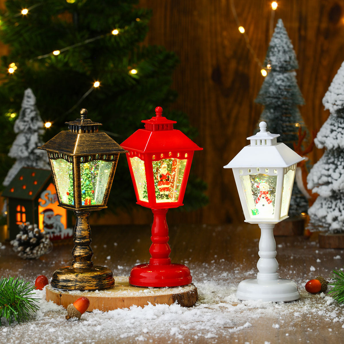 Christmas Lanterns Mini LED Street Lamp Style with Santa Scene
