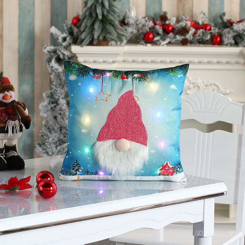 Christmas Throw Pillow Cover with Gnome Design and LED Lights