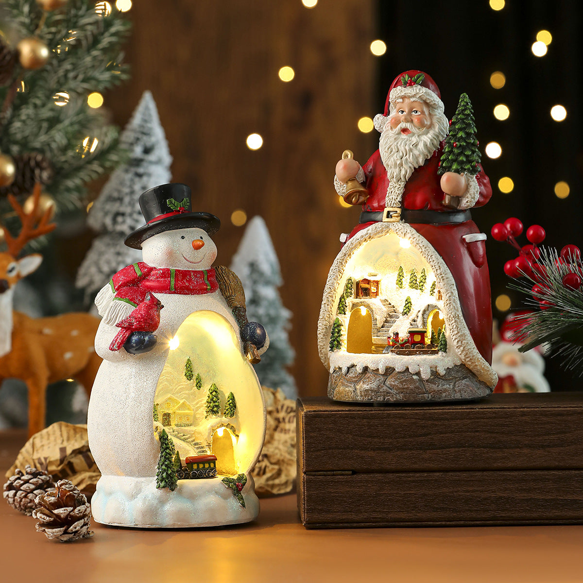 Light Up Snowman and Santa Christmas Figurines with LED Glow