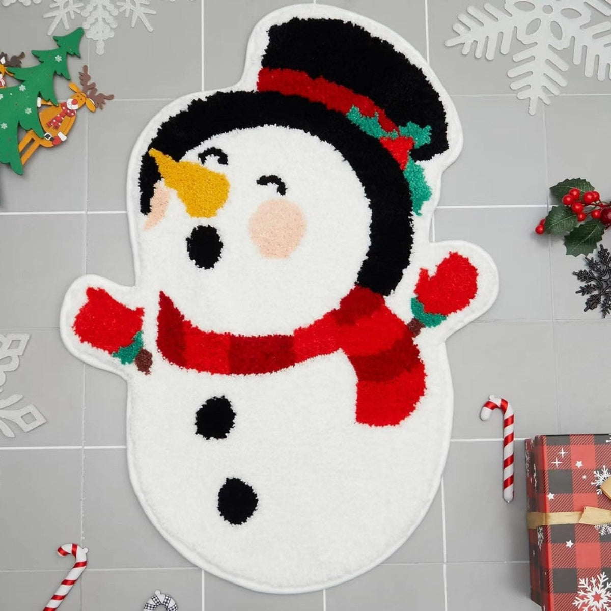 Christmas Tree Shaped Rug with Candy Cane and Snowflake Print | Soft Fibers Underfoot | Living Room and Entryway Mat