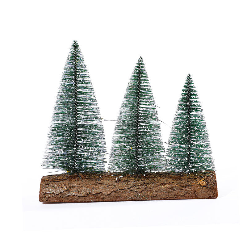 Mini Christmas Tree Decorations Set with LED Lights on Wood Base