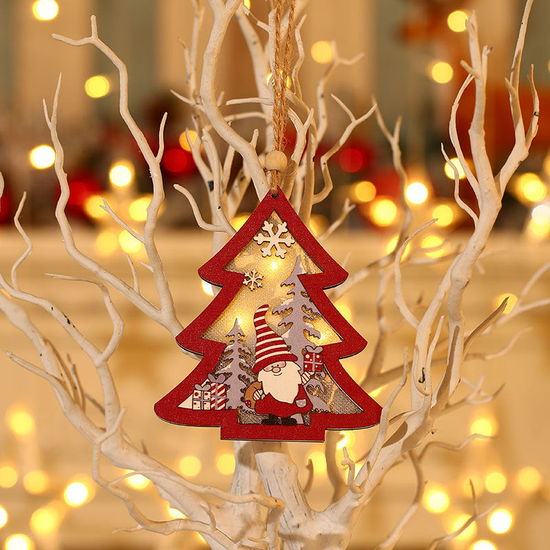 Wooden Light Up Christmas Tree Ornaments with Santa Scene