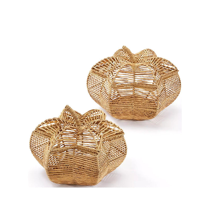 Handwoven Rattan Pumpkin Decor Basket with Curled Stem | Open Weave Bowl for Fruit or Display | Natural Finish