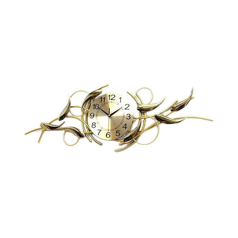 Long Wall Clock with Gold Metal Leaves on a Curling Stem | 36 x 12 in Across the Width of a Sofa | Fixings Included