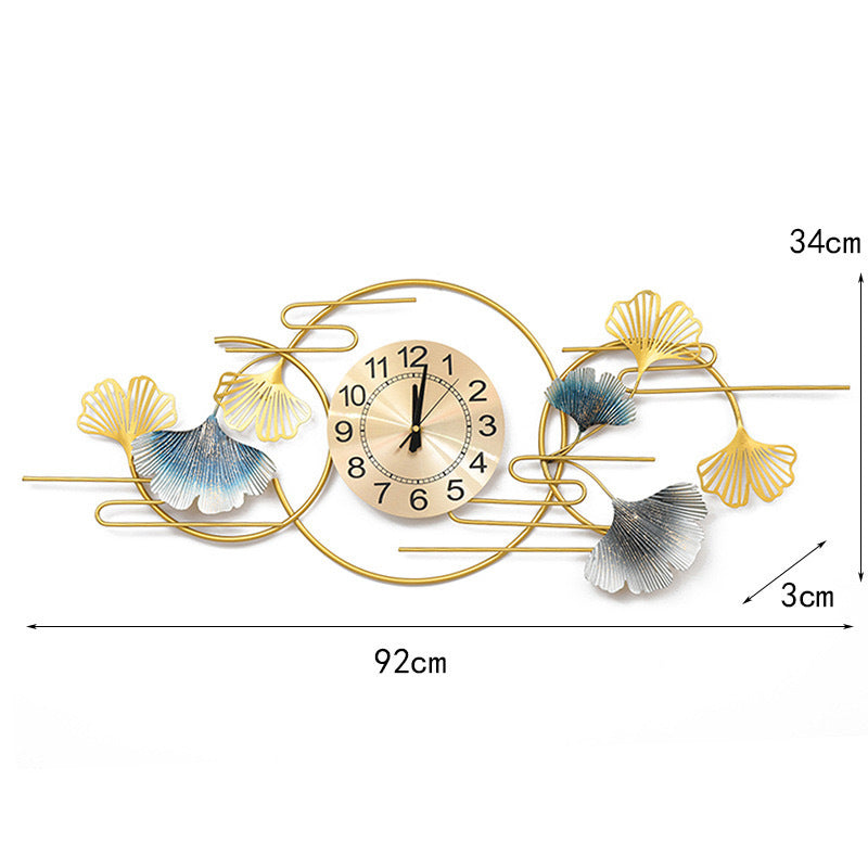 Long Wall Clock with Gilded Ginkgo Leaves in Metal | 36 x 13 in, Made to Fill a Wide Empty Stretch | Easy to Hang