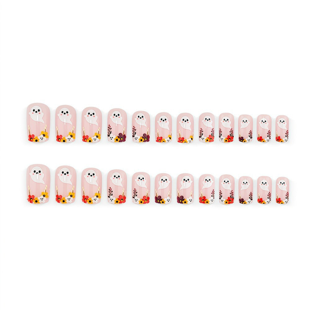 Halloween Ghost Floral Press-On Nails | Available in Yellow | Glue-Free Application in Minutes for Parties and Nights Out
