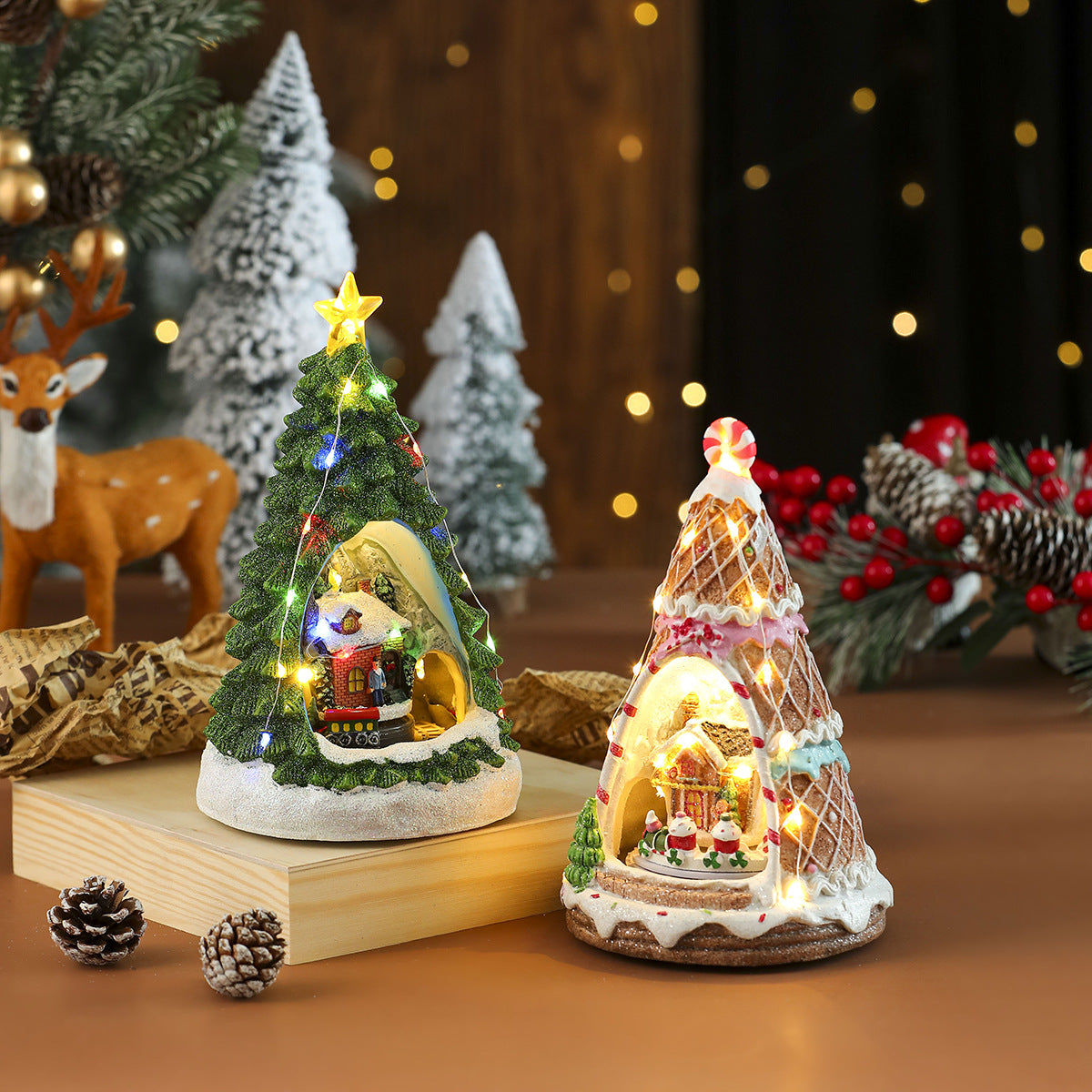 Light Up Christmas Tree Figurine with LED Lights and Village