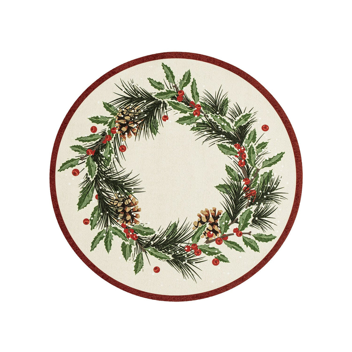Round Christmas Wreath Print Placemat with Pine Cones