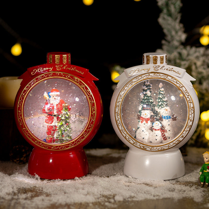 Christmas Snow Globe Lantern with Snowmen and Gold Trim
