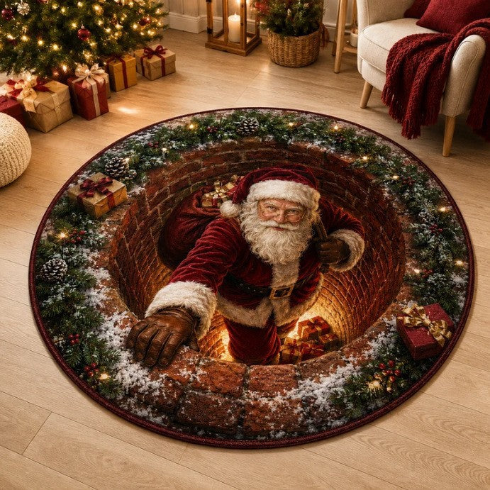 Round Christmas Area Rug with 3D Santa Design for Living Room