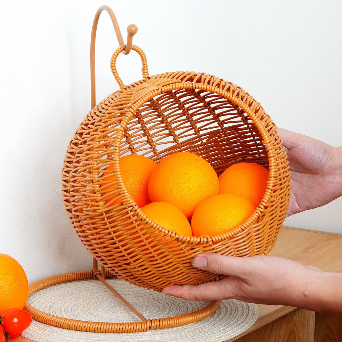 Woven Rattan Wall Basket Decor with Hanging Hook and Ring Stand | Open Front Shape | 2 Sizes, 2 Colors