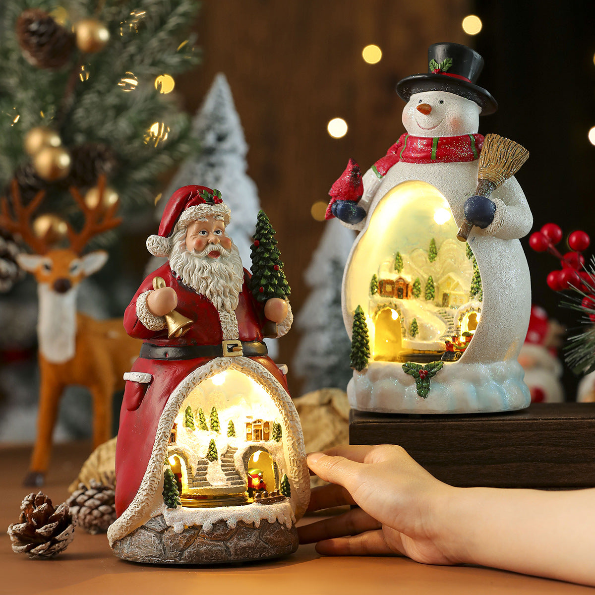 Light Up Snowman and Santa Christmas Figurines with LED Glow