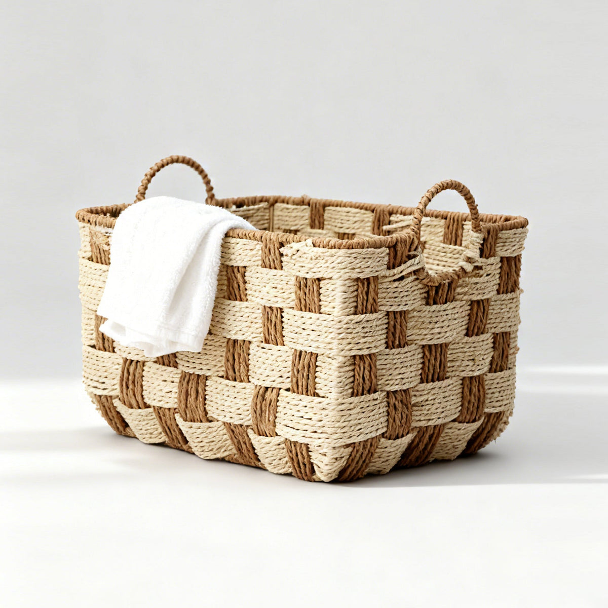 Honeycomb Weave Storage Organizer Basket with Rope Handles | Laundry and Toy Bin | 15.7 x 11 x 9 in