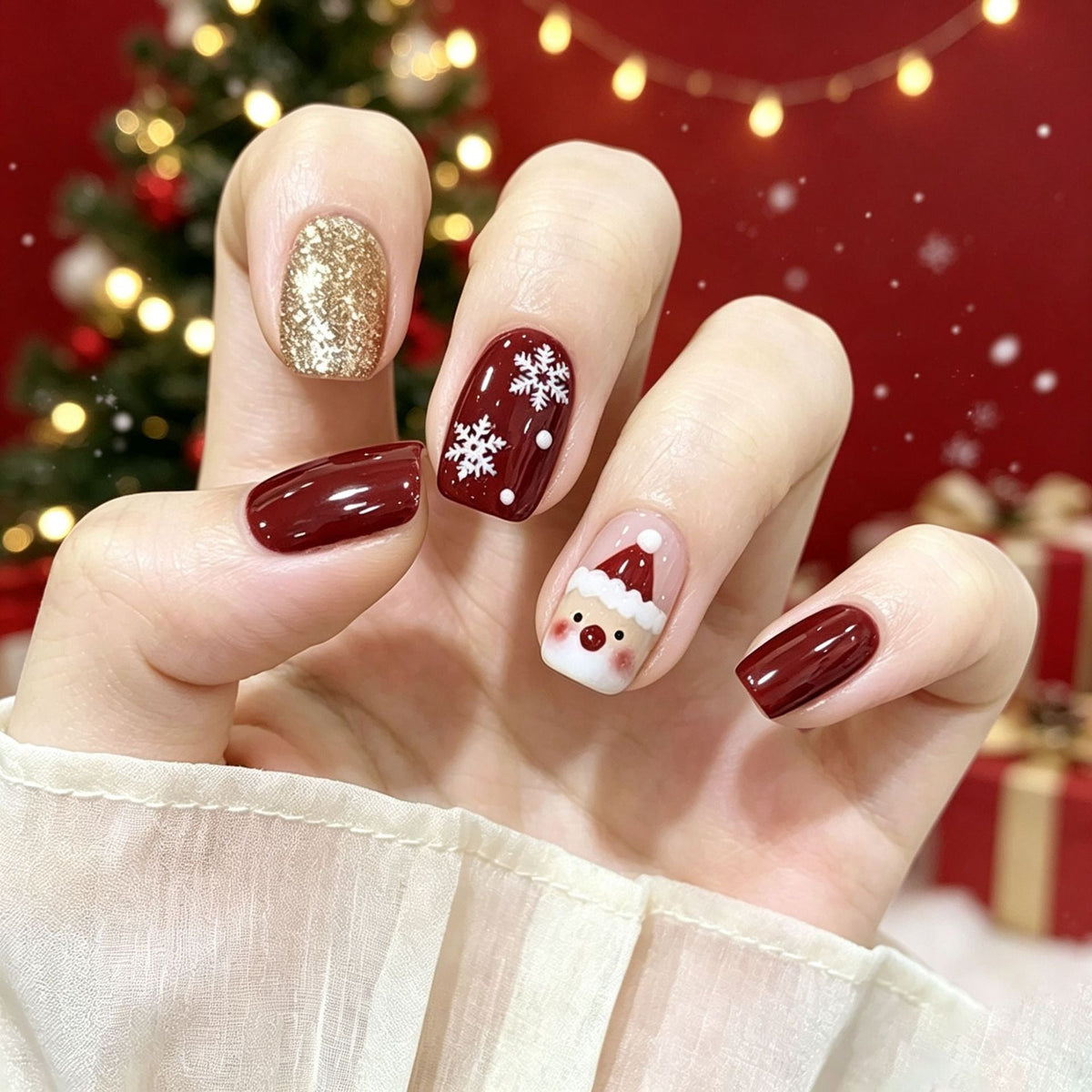 Christmas Press On Nails with Santa and Snowflake Designs