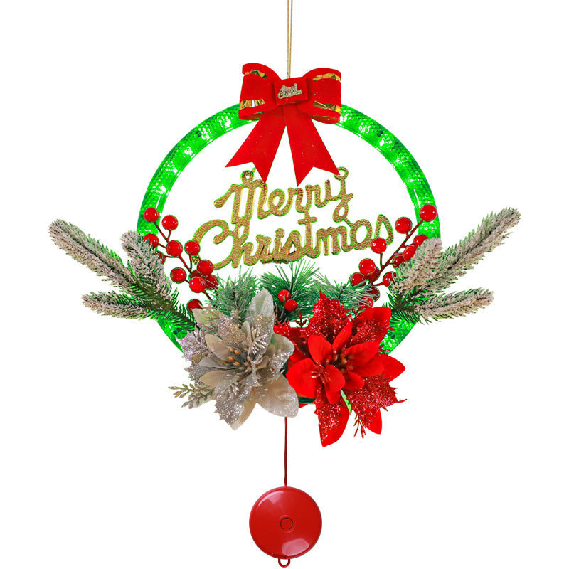 Lighted Christmas Wreath with Red Bow and Poinsettias