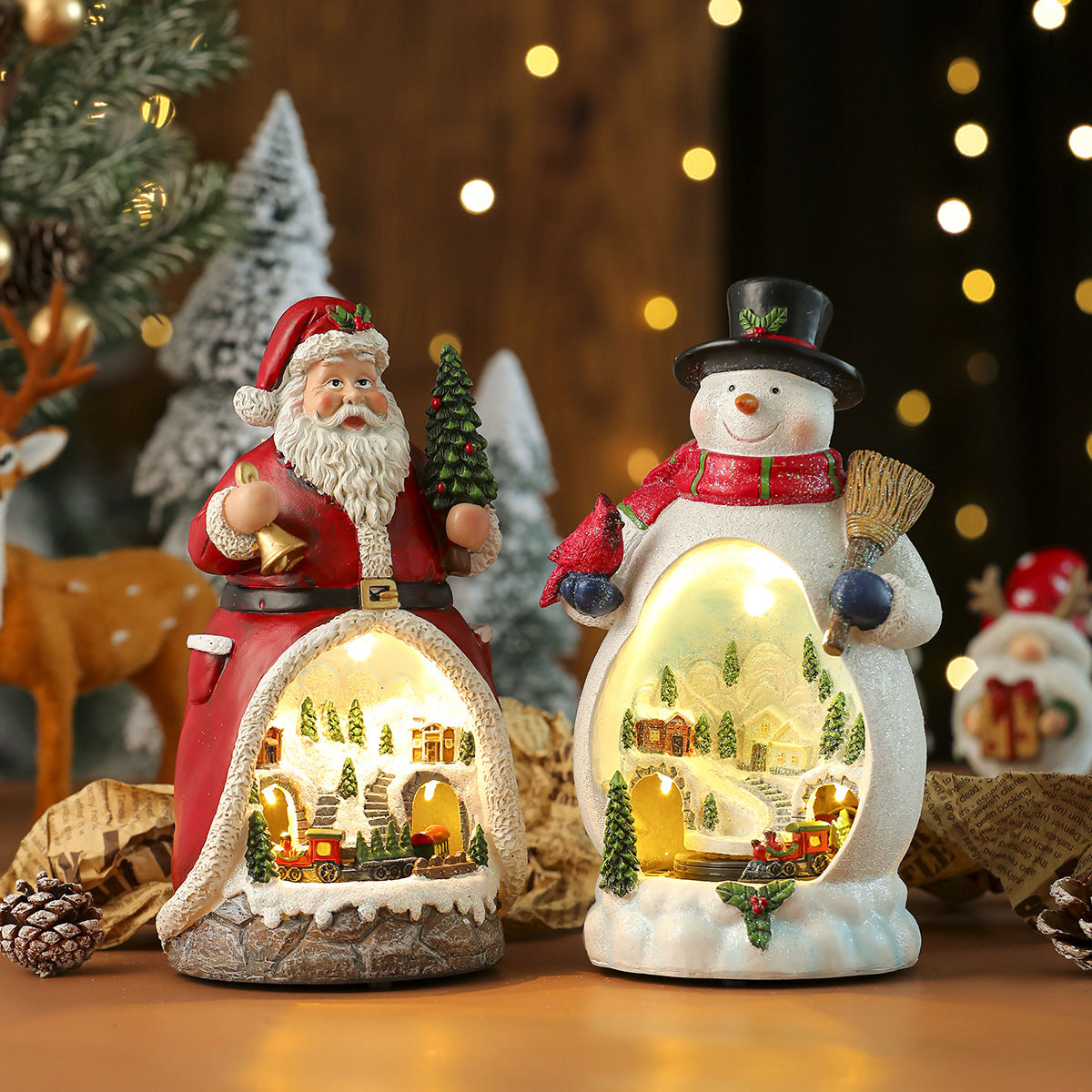 Light Up Snowman and Santa Christmas Figurines with LED Glow