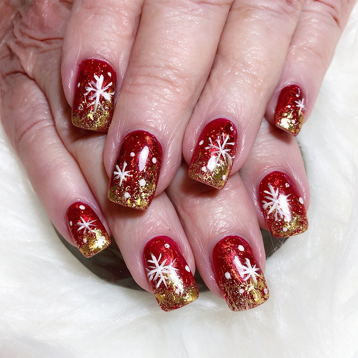 Christmas Press On Nails with Red Glitter Gradient Snowflakes