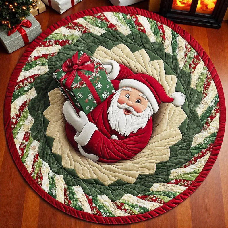 Round Washable Christmas Rug with Tree and Reindeer Design
