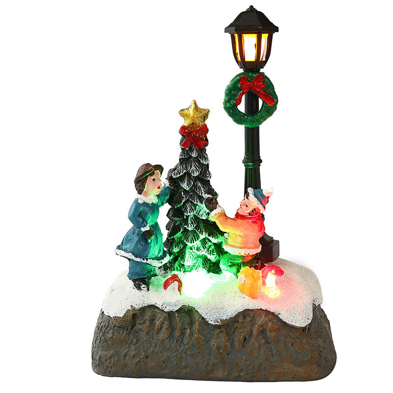 Light Up Christmas Village Figurines with Snowman and Lamp Post