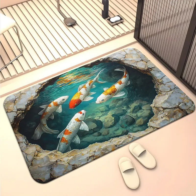 Koi Pond Floor Mat with a Non-Slip Backing | Stain Resistant and Machine Washable Rug | Two Colorways